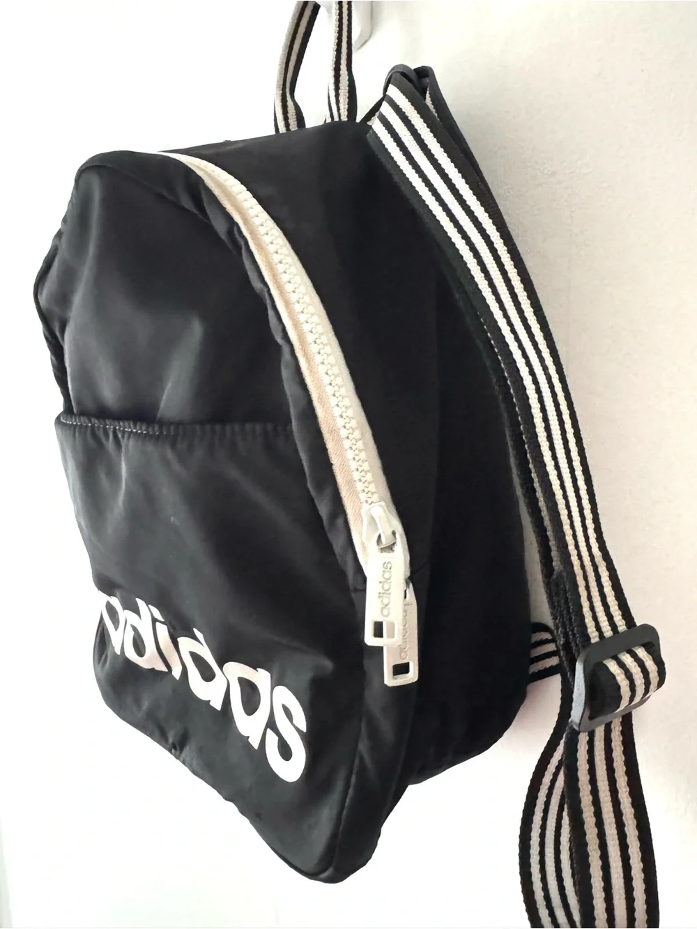 adidas Mini Black Backpack with White Logo and Striped Straps - Picture 3 of 10